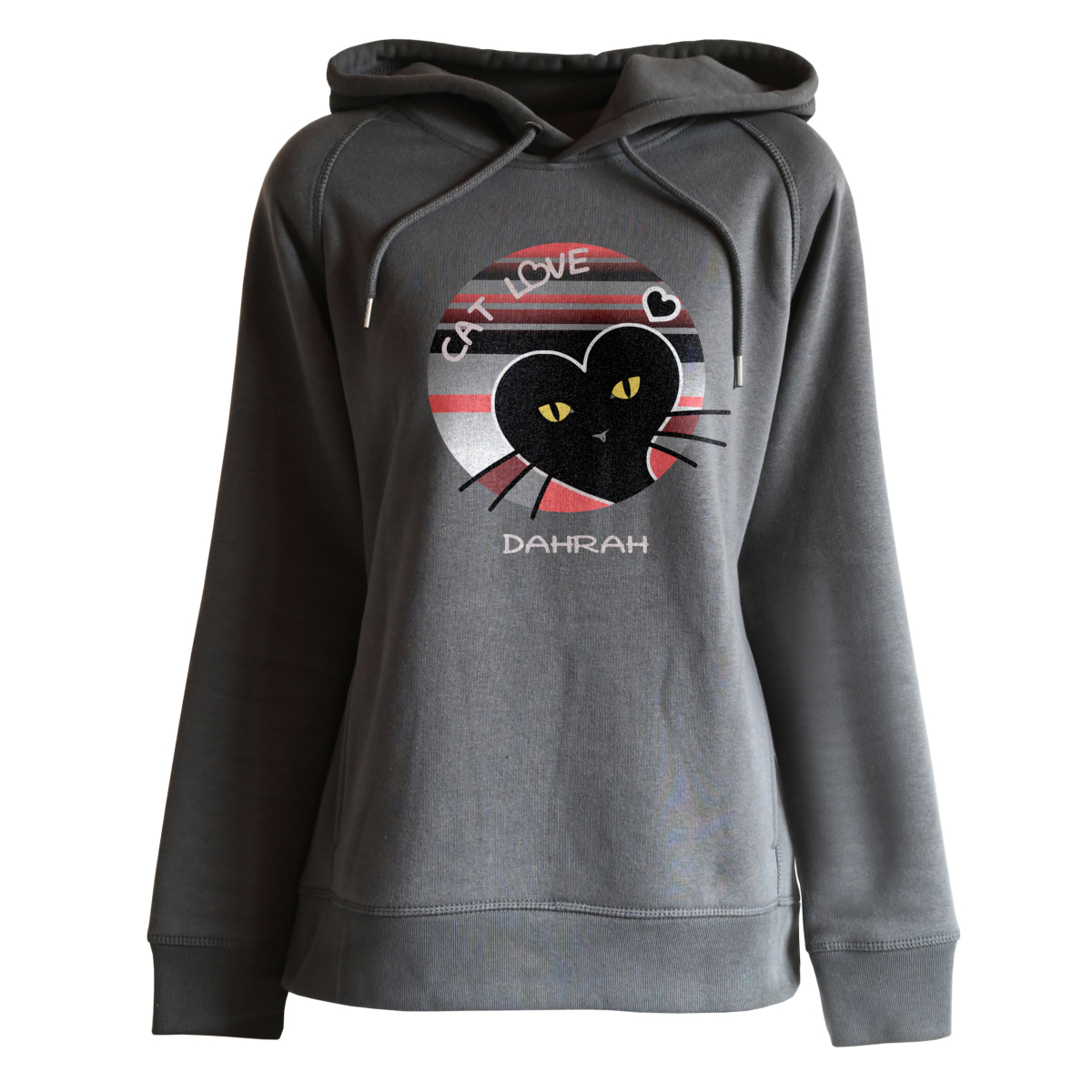 Beautiful high quality organic hoodie with print of a heart shaped black cat by Dahrah Darah Fashion.