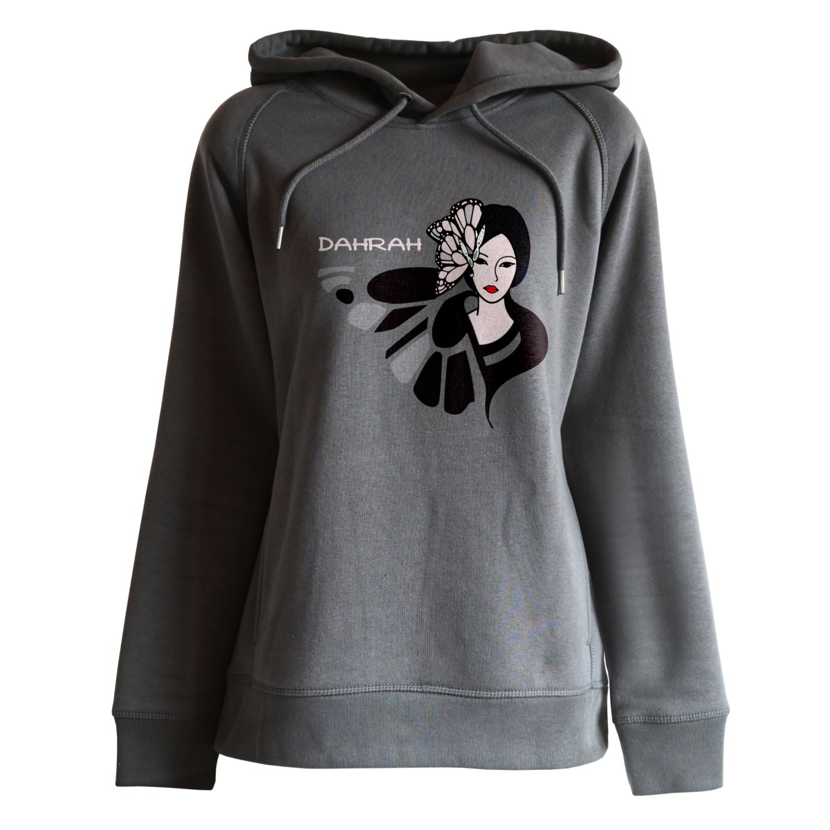 Beautiful high quality organic hoodie with print of a geisha by Dahrah Darah Fashion.