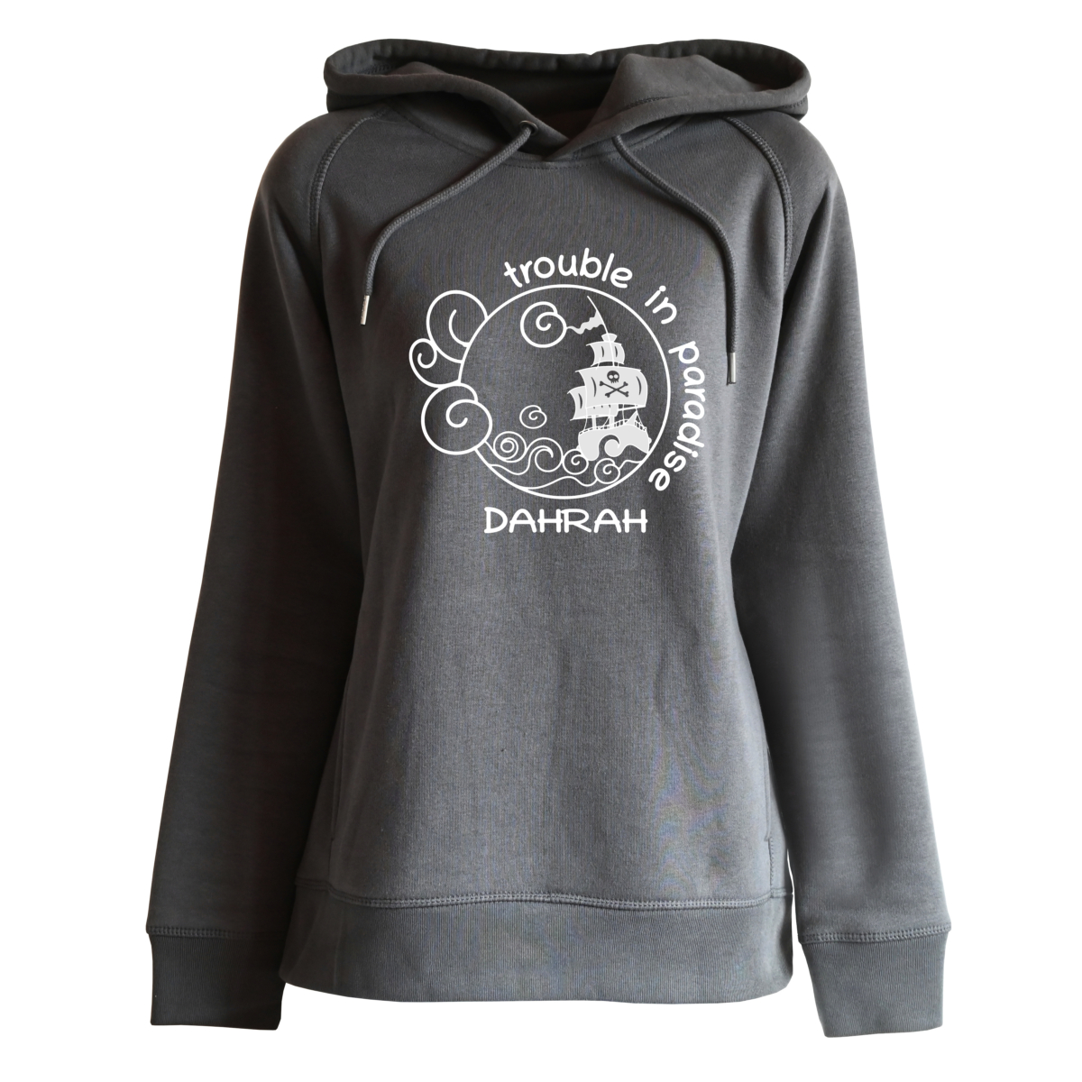 Beautiful high quality organic hoodie with print of a pirate ship designed by Dahrah Darah Fashion.