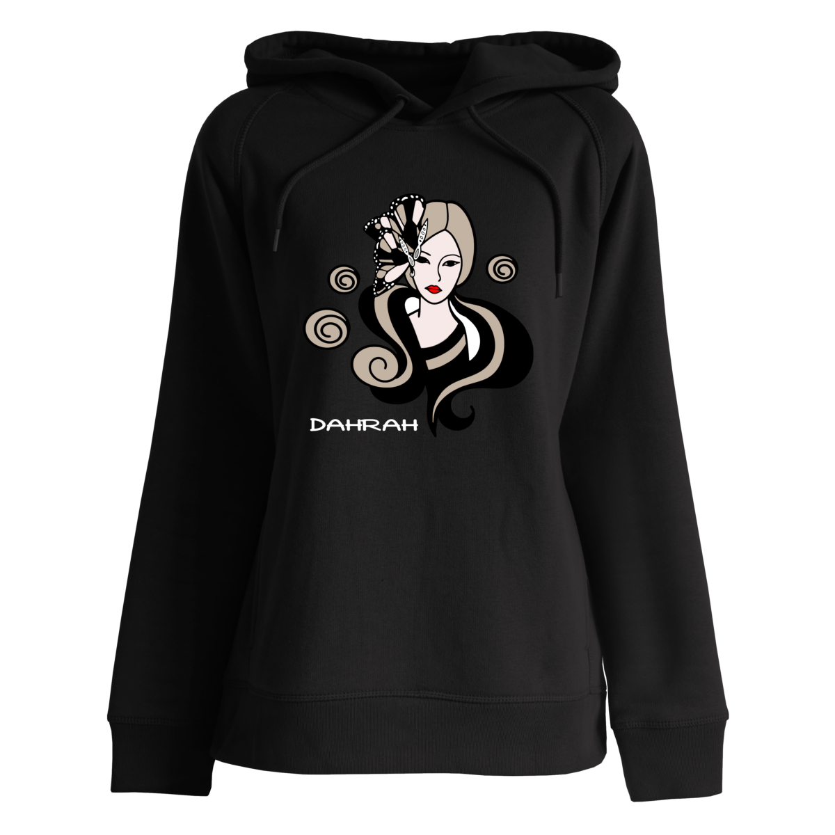 Beautiful high quality organic hoodie with print of a geisha by Dahrah Darah Fashion.