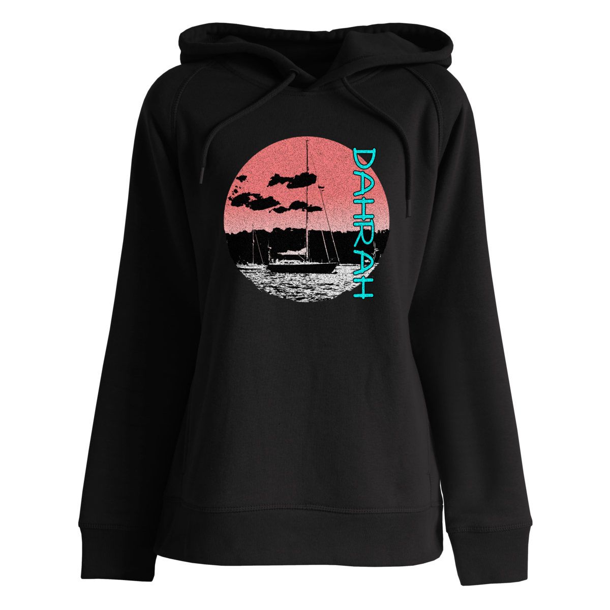 Dahrah Fashion unisex hoodie with print of a sailboat anchored at a beach.