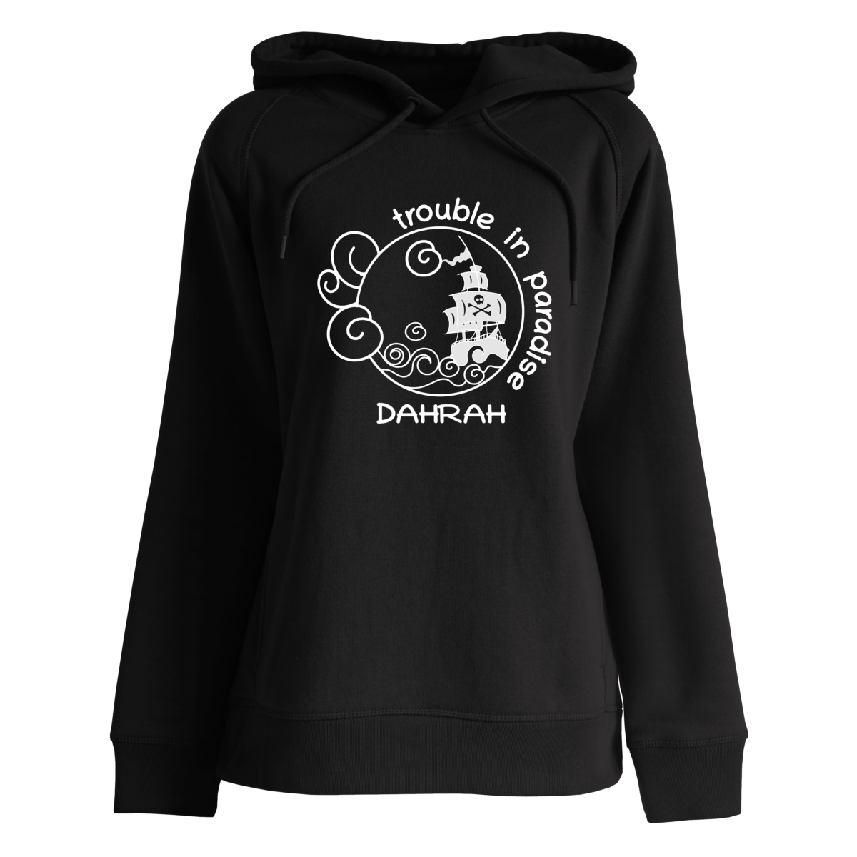 Beautiful high quality organic hoodie with print of a pirate ship designed by Dahrah Darah Fashion.
