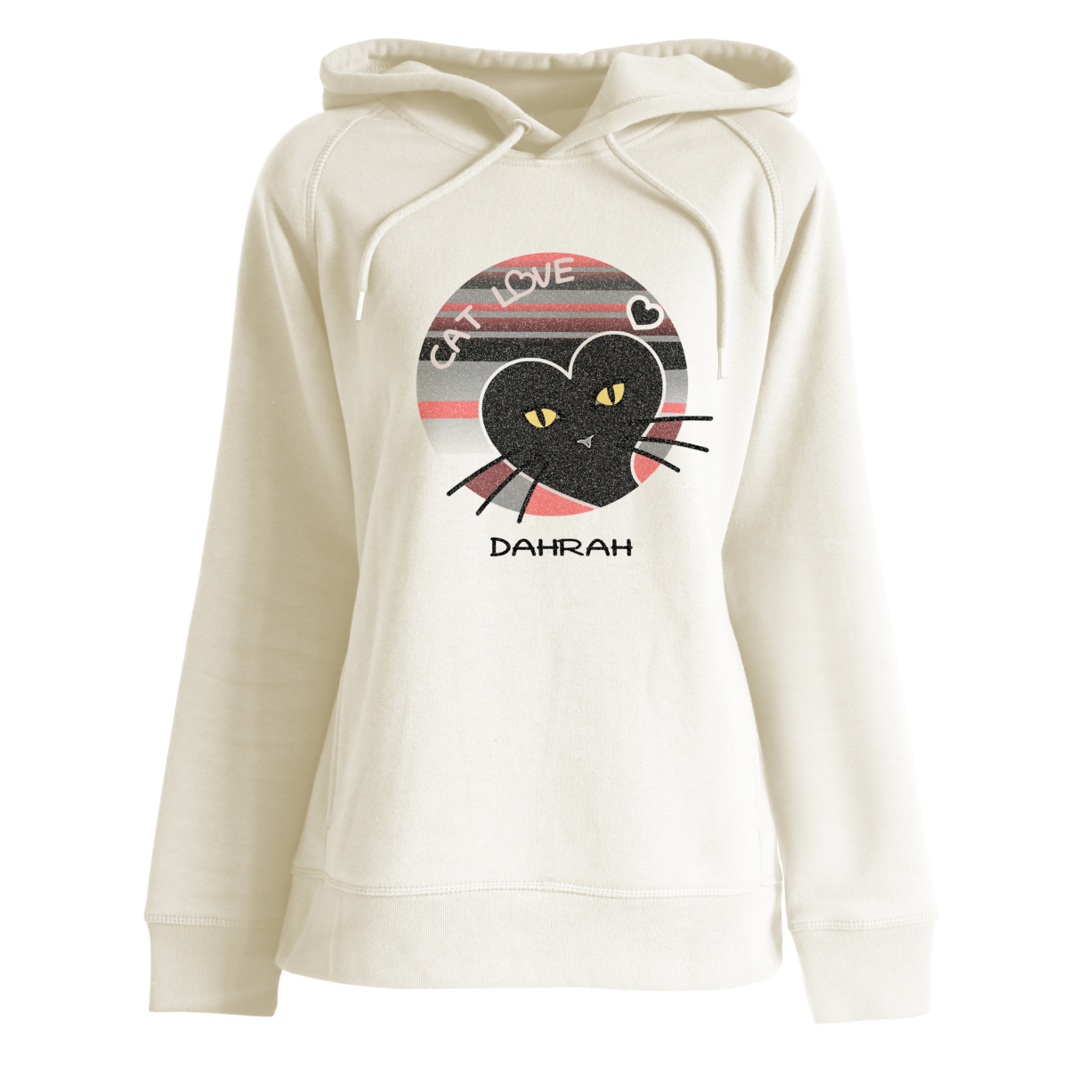 Beautiful high quality organic hoodie with print of a heart shaped black cat by Dahrah Darah Fashion.