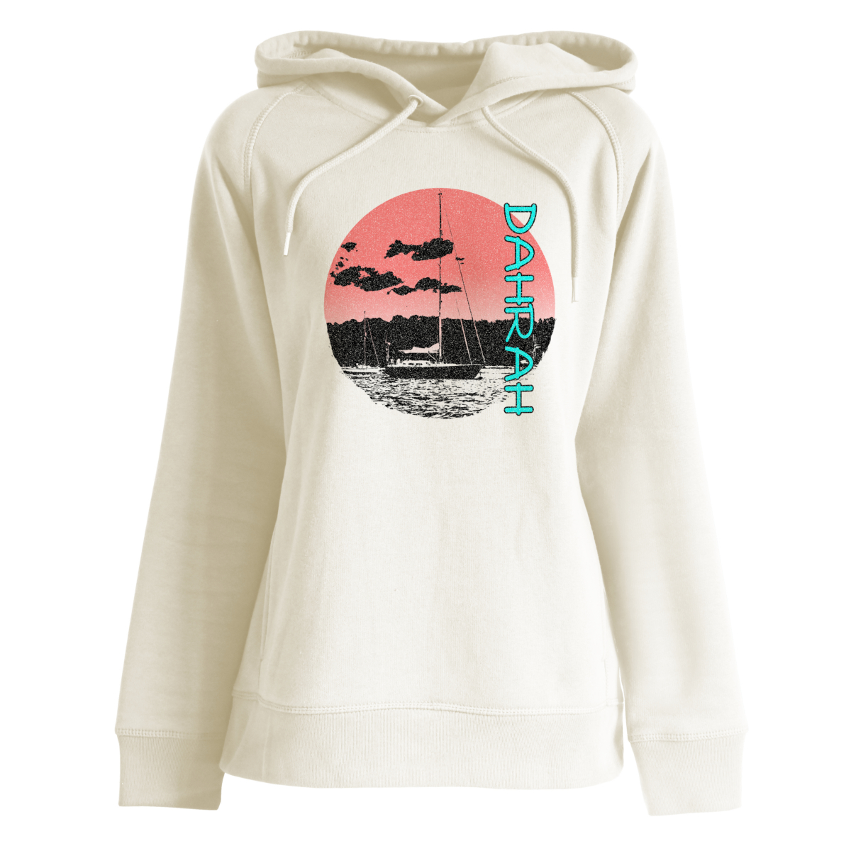 Dahrah Fashion unisex hoodie with print of a sailboat anchored at a beach.