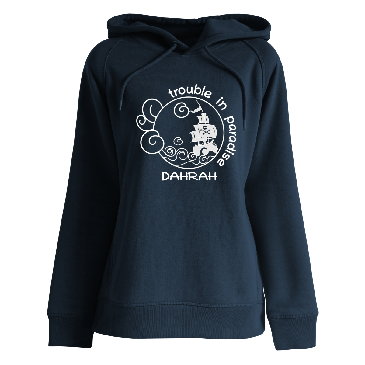 Beautiful high quality organic hoodie with print of a pirate ship designed by Dahrah Darah Fashion.