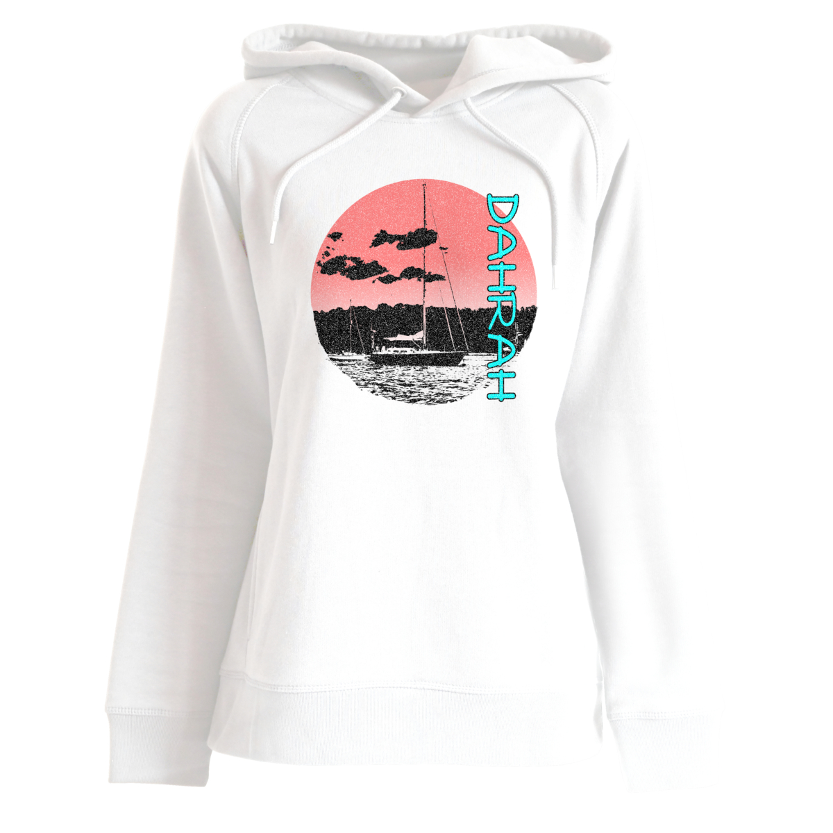 Dahrah Fashion unisex hoodie with print of a sailboat anchored at a beach.