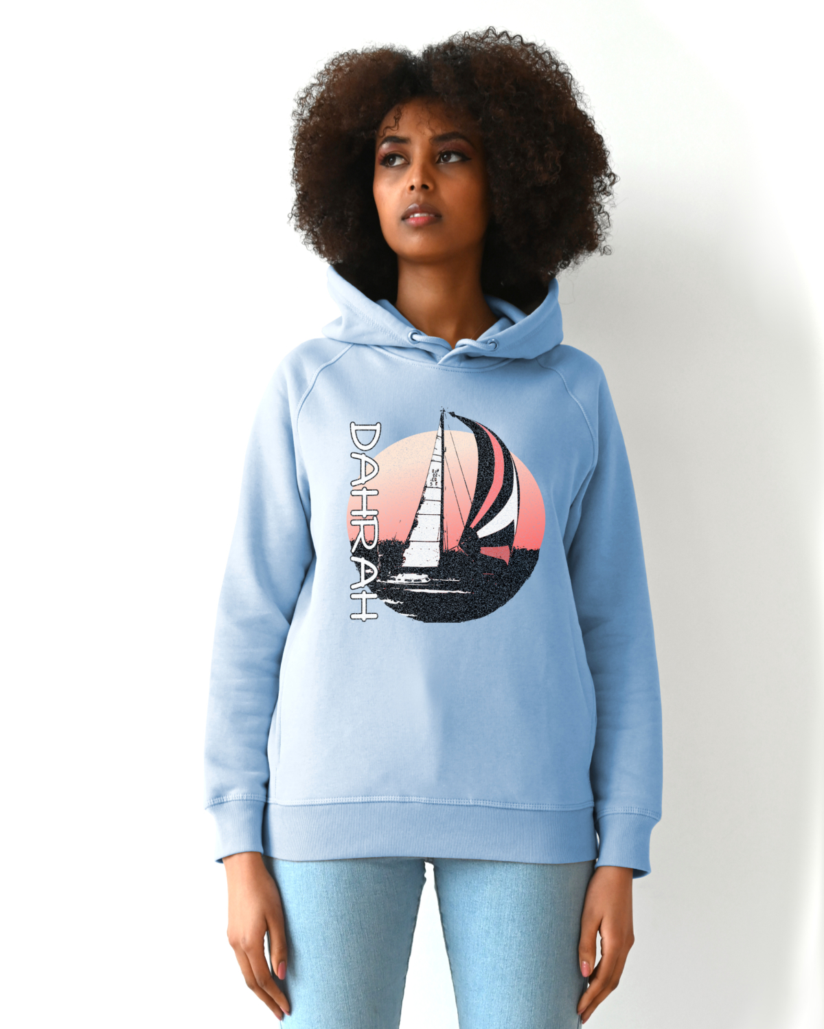 Beautiful high quality organic hoodie with print of a sailing boat designed by Dahrah Darah Fashion.