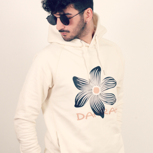 Beautiful high quality organic hoodie with print of a black flower by Dahrah Darah Fashion.