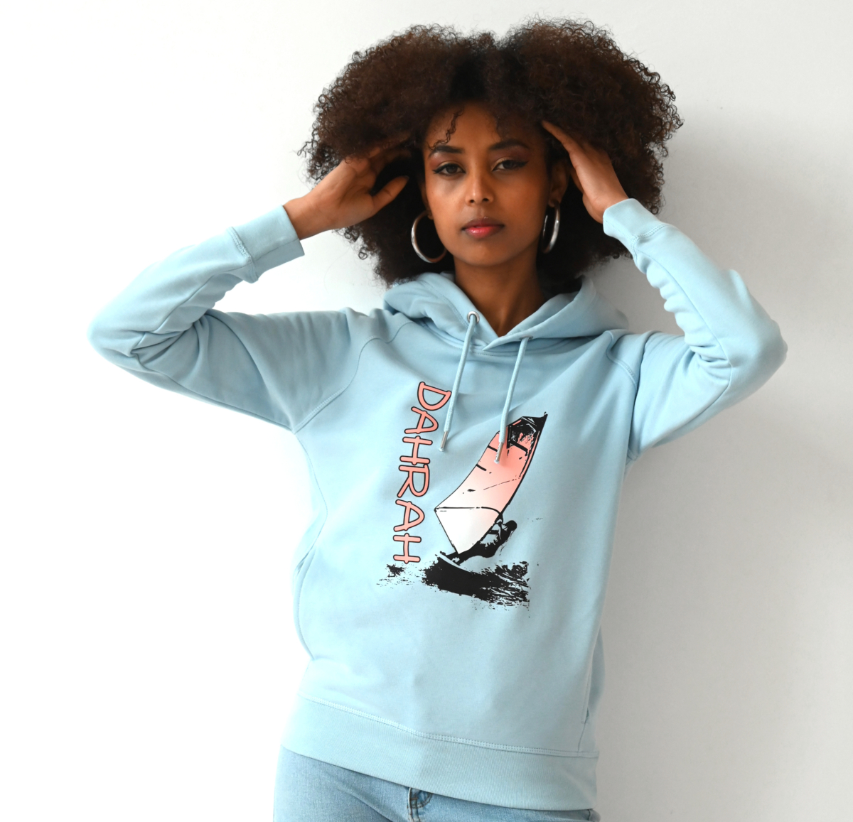 Dahrah Fashion unisex hoodie with print oF A windsurfing girl.