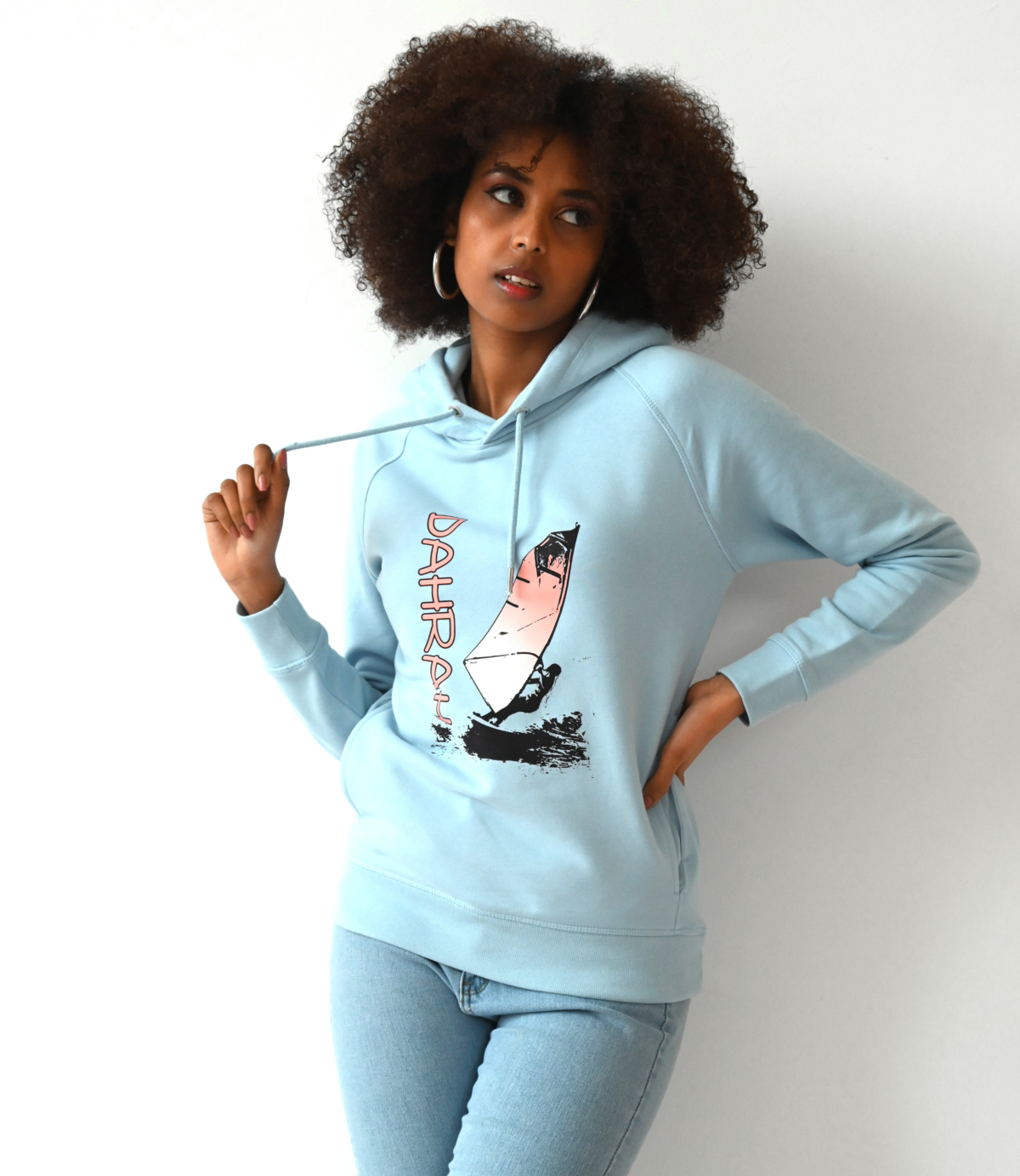 Dahrah Fashion unisex hoodie with print oF A windsurfing girl.