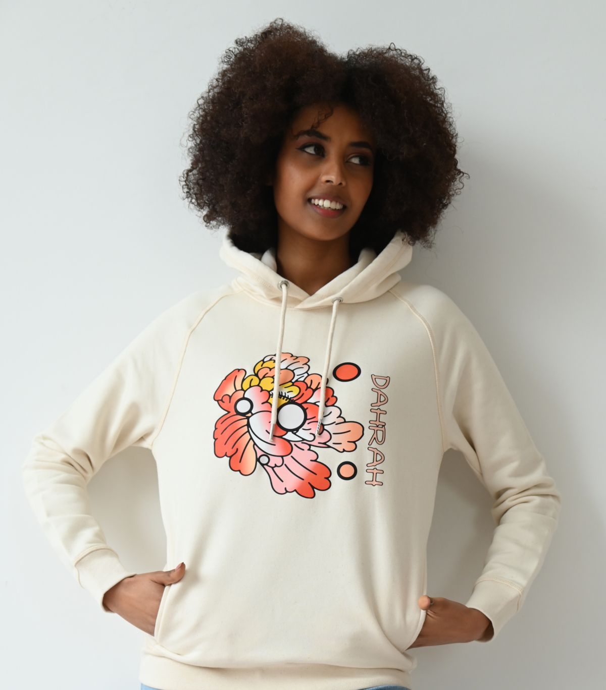 Beautiful high quality organic hoodie with print of a orange flower designed by Dahrah Darah Fashion.