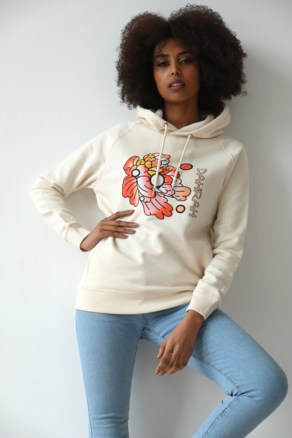 Beautiful high quality organic hoodie with print of a orange flower designed by Dahrah Darah Fashion.