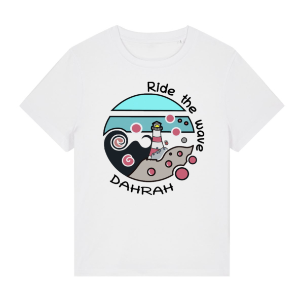 Organic t-shirt with print of a lighthouse in a storm by Dahrah Darah Fashion.