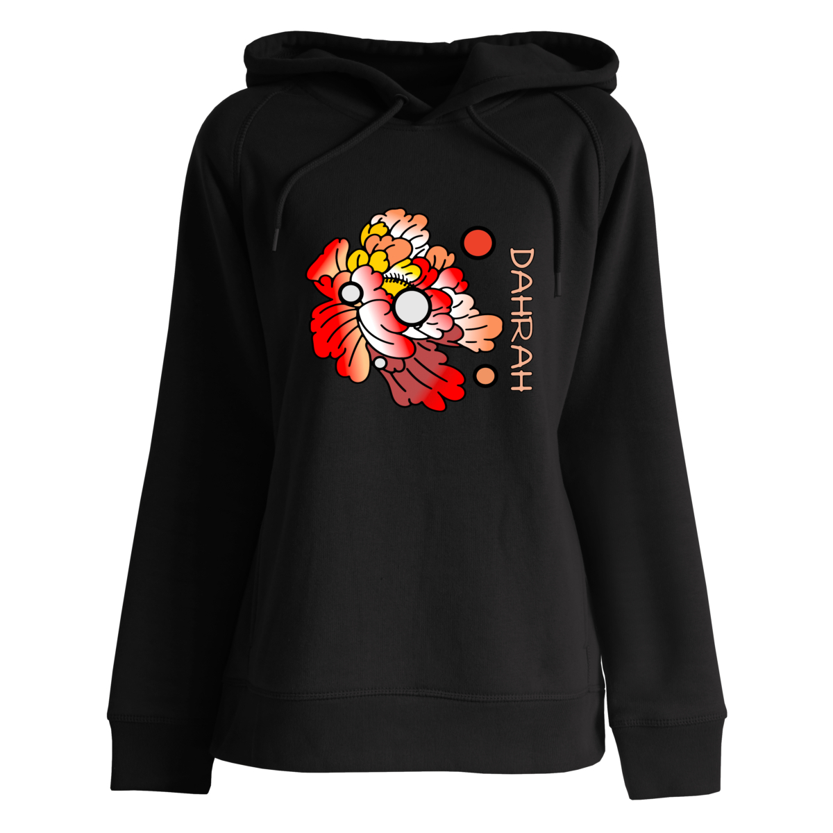 Beautiful high quality organic hoodie with print of a orange flower designed by Dahrah Darah Fashion.