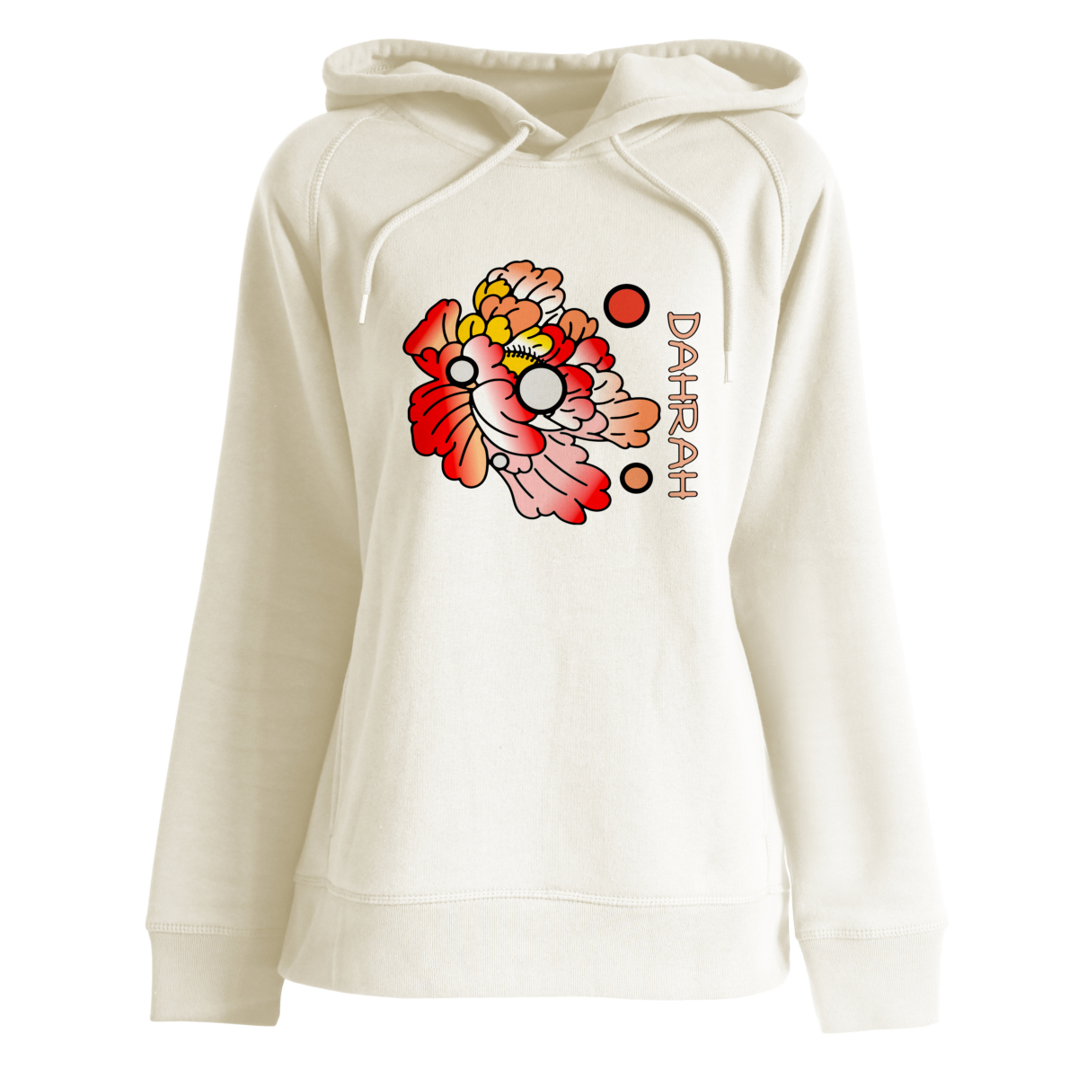 Beautiful high quality organic hoodie with print of a orange flower designed by Dahrah Darah Fashion.