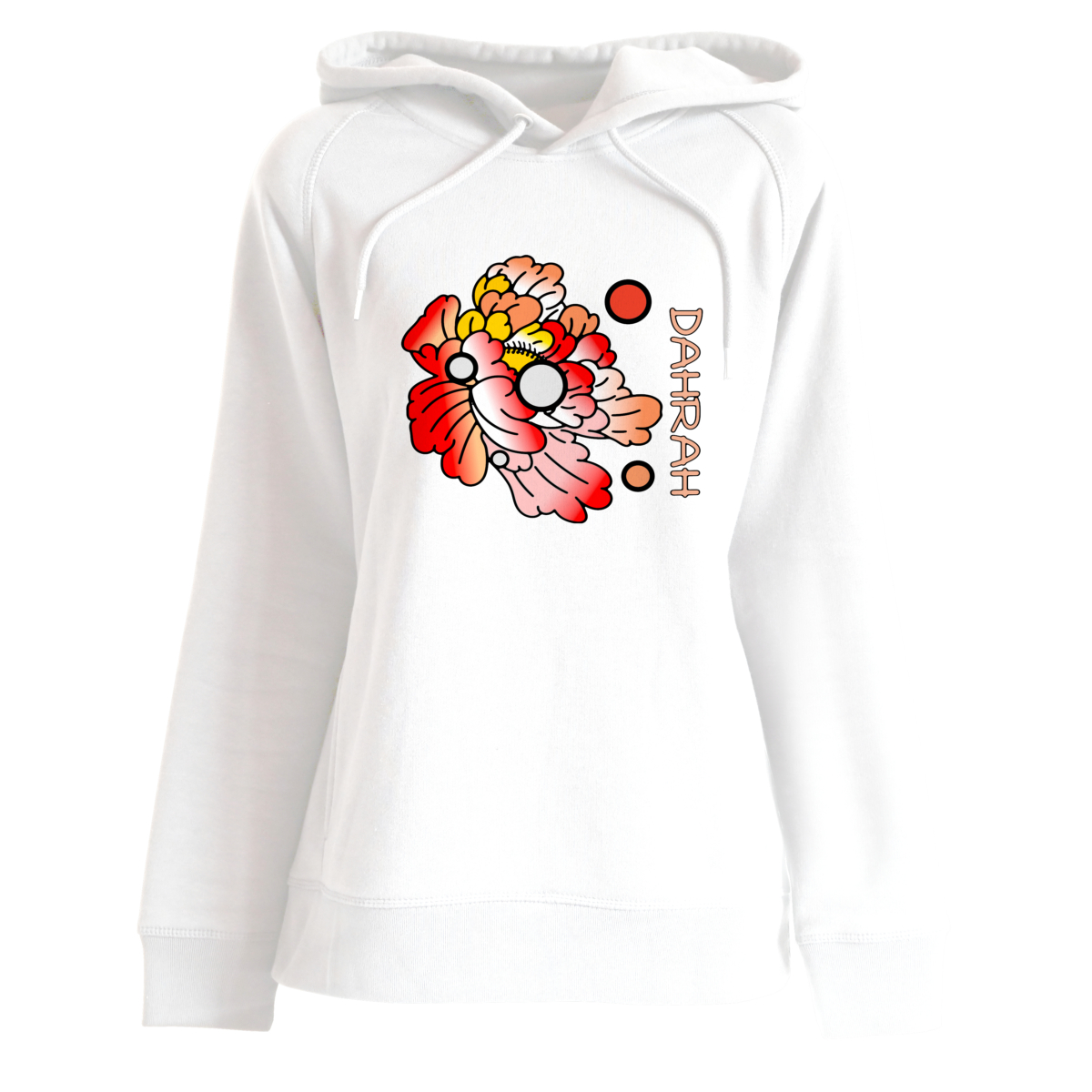 Beautiful high quality organic hoodie with print of a orange flower designed by Dahrah Darah Fashion.