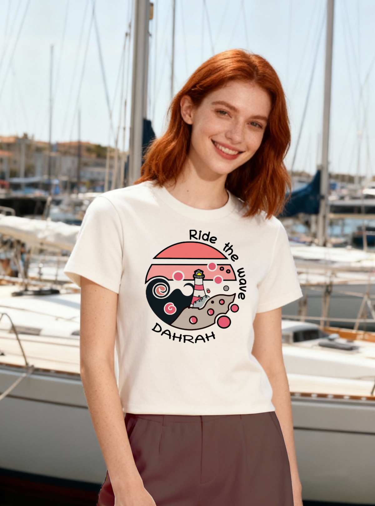 Organic t-shirt with print of a lighthouse in a storm by Dahrah Darah Fashion.