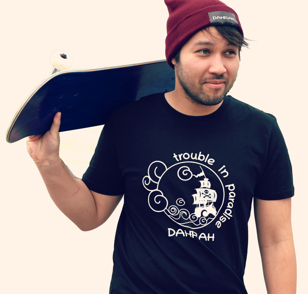 Dahrah Darah unisex organic cotton T-shirt with print of a pirate ship.
