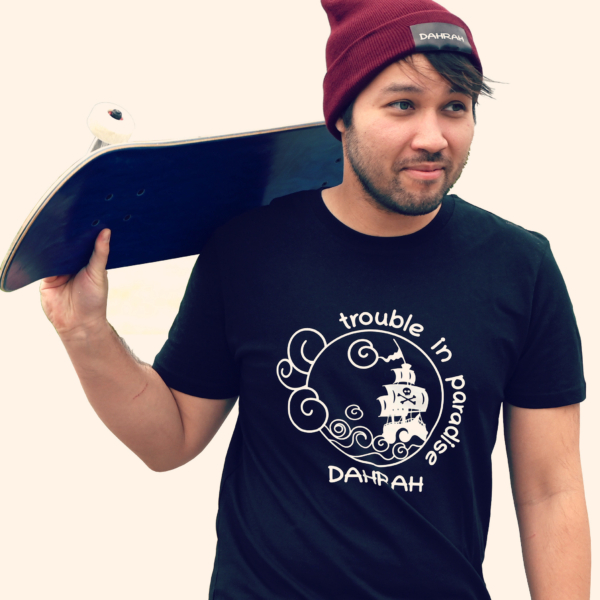 Dahrah Darah unisex organic cotton T-shirt with print of a pirate ship.