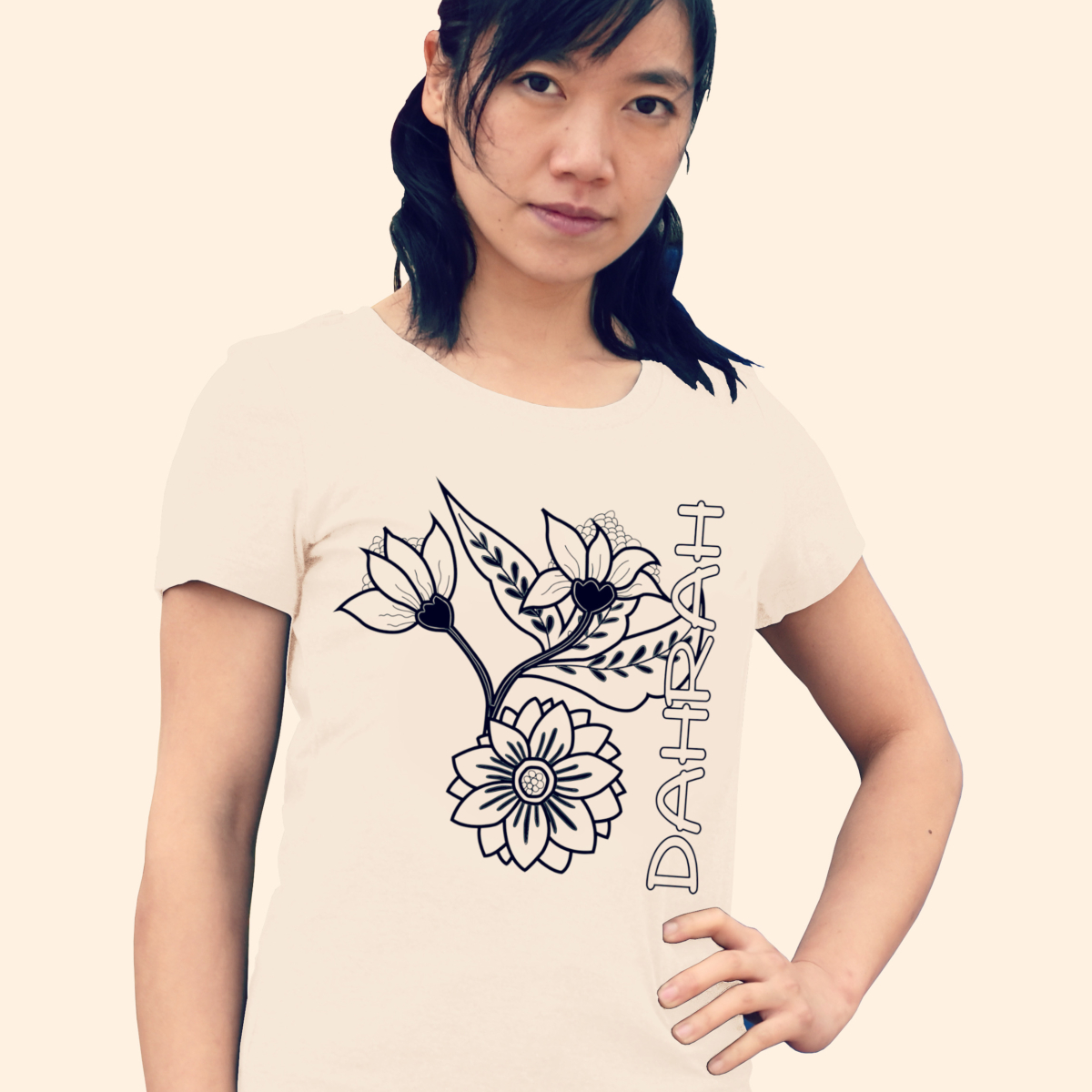 Organic cotton T-shirt with print of beautiful flowers by Dahrah Darah.