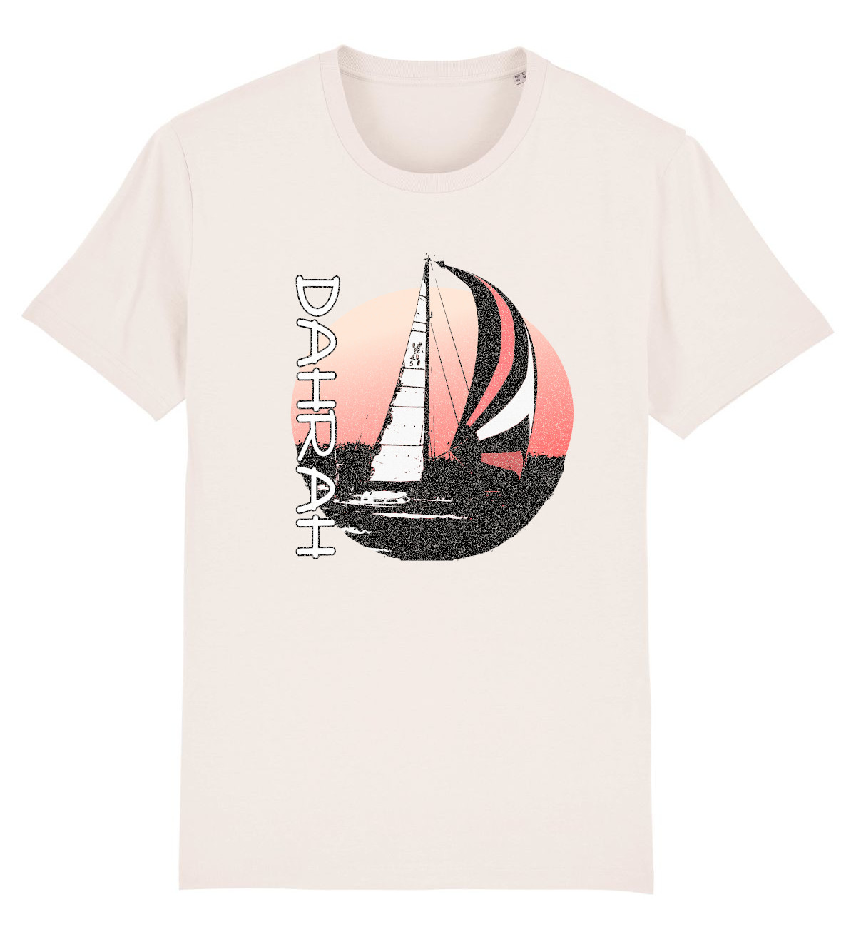 Dahrah Darah unisex organic cotton T-shirt with print of a sailboat.