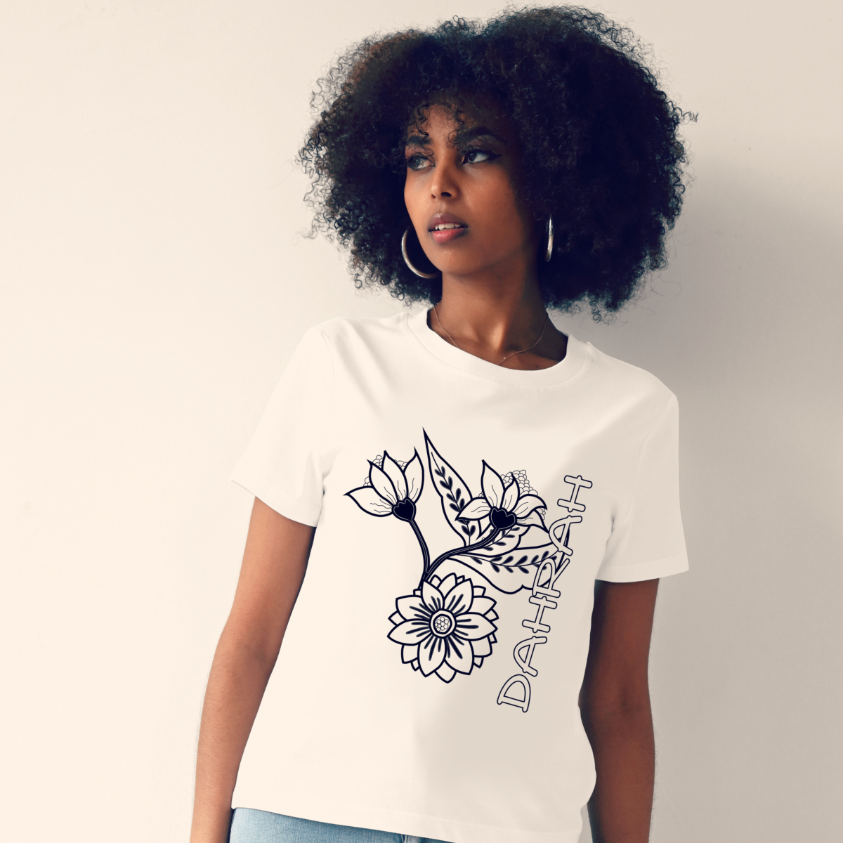 Organic cotton T-shirt with print of beautiful flowers by Dahrah Darah.