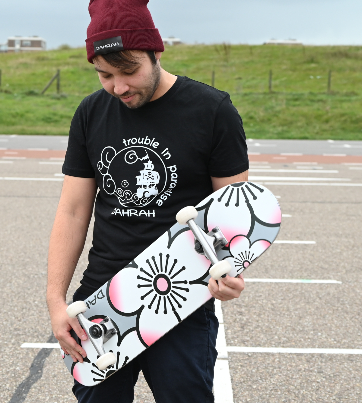 Dahrah Darah unisex organic cotton T-shirt with print of a pirate ship.
