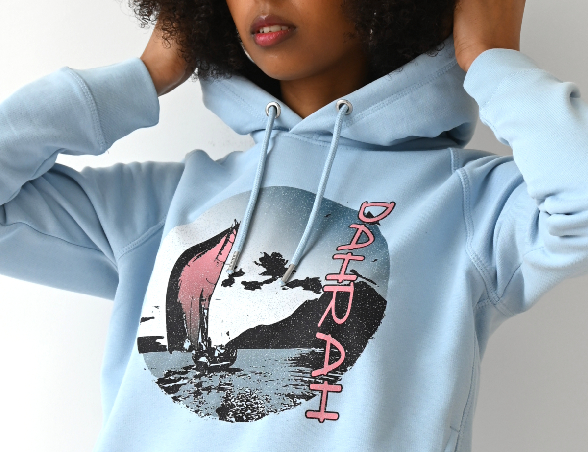 Beautiful organic hoodie with print of a sailing boat by Dahrah Darah Fashion.