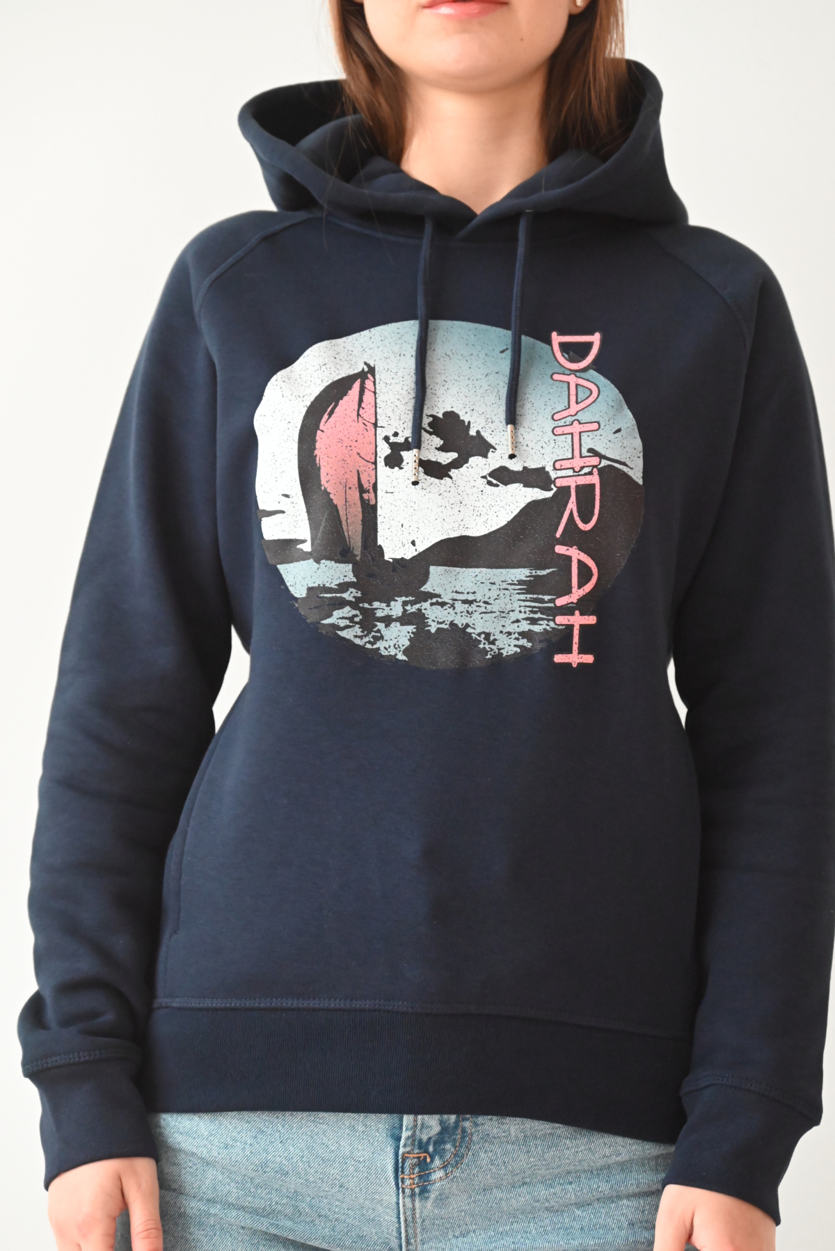 Beautiful organic hoodie with print of a sailing boat by Dahrah Darah Fashion.
