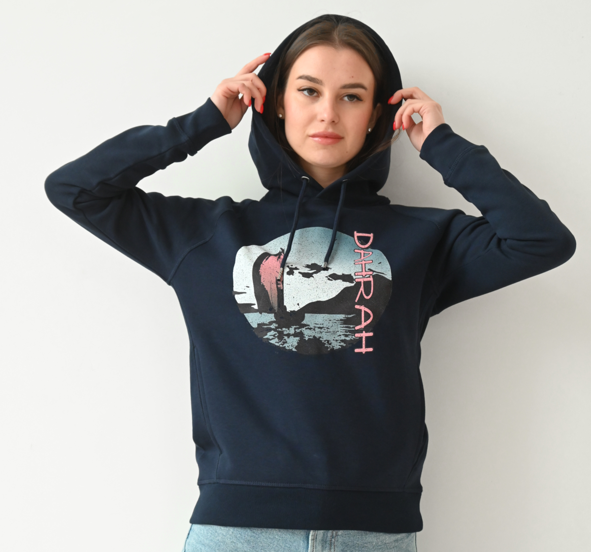 Beautiful organic hoodie with print of a sailing boat by Dahrah Darah Fashion.