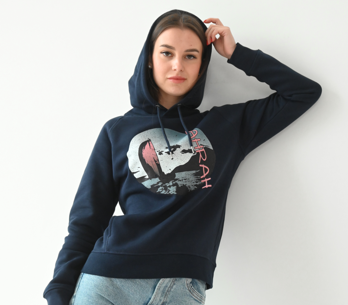 Beautiful organic hoodie with print of a sailing boat by Dahrah Darah Fashion.