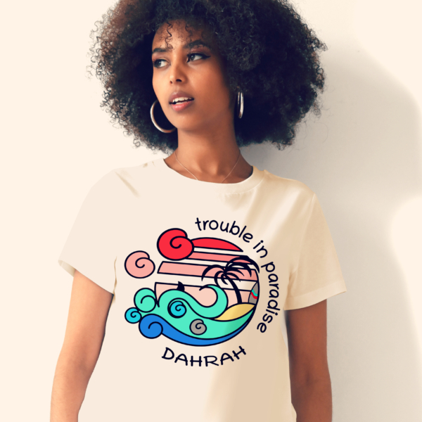 Organic cotton T-shirt with print of a surfing beach with a shark by Dahrah Darah.