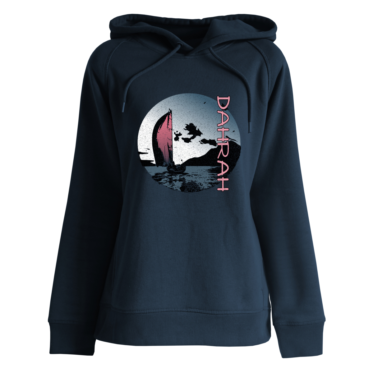 Beautiful organic hoodie with print of a sailing boat by Dahrah Darah Fashion.