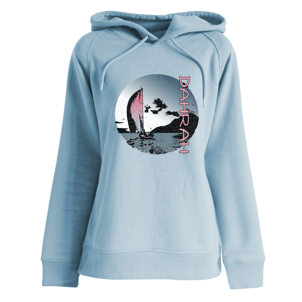 Beautiful organic hoodie with print of a sailing boat by Dahrah Darah Fashion.