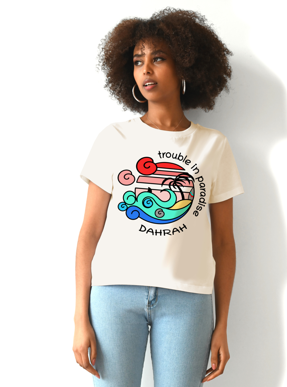 Organic cotton T-shirt with print of a surfing beach with a shark by Dahrah Darah.