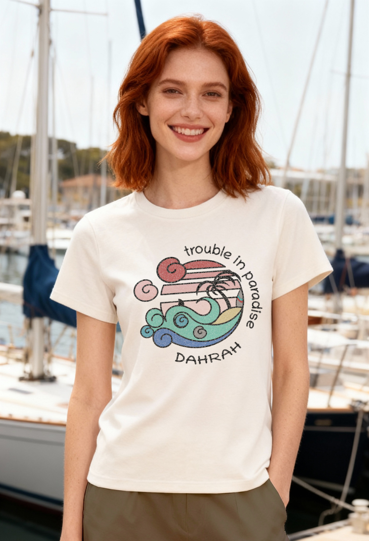 Organic cotton T-shirt with print of a surfing beach with a shark by Dahrah Darah.