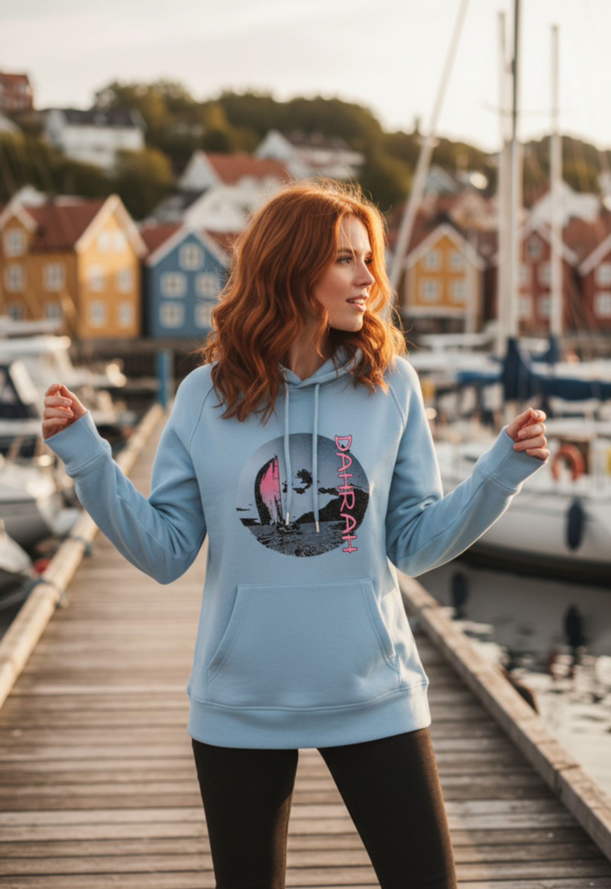 Beautiful organic hoodie with print of a sailing boat by Dahrah Darah Fashion.