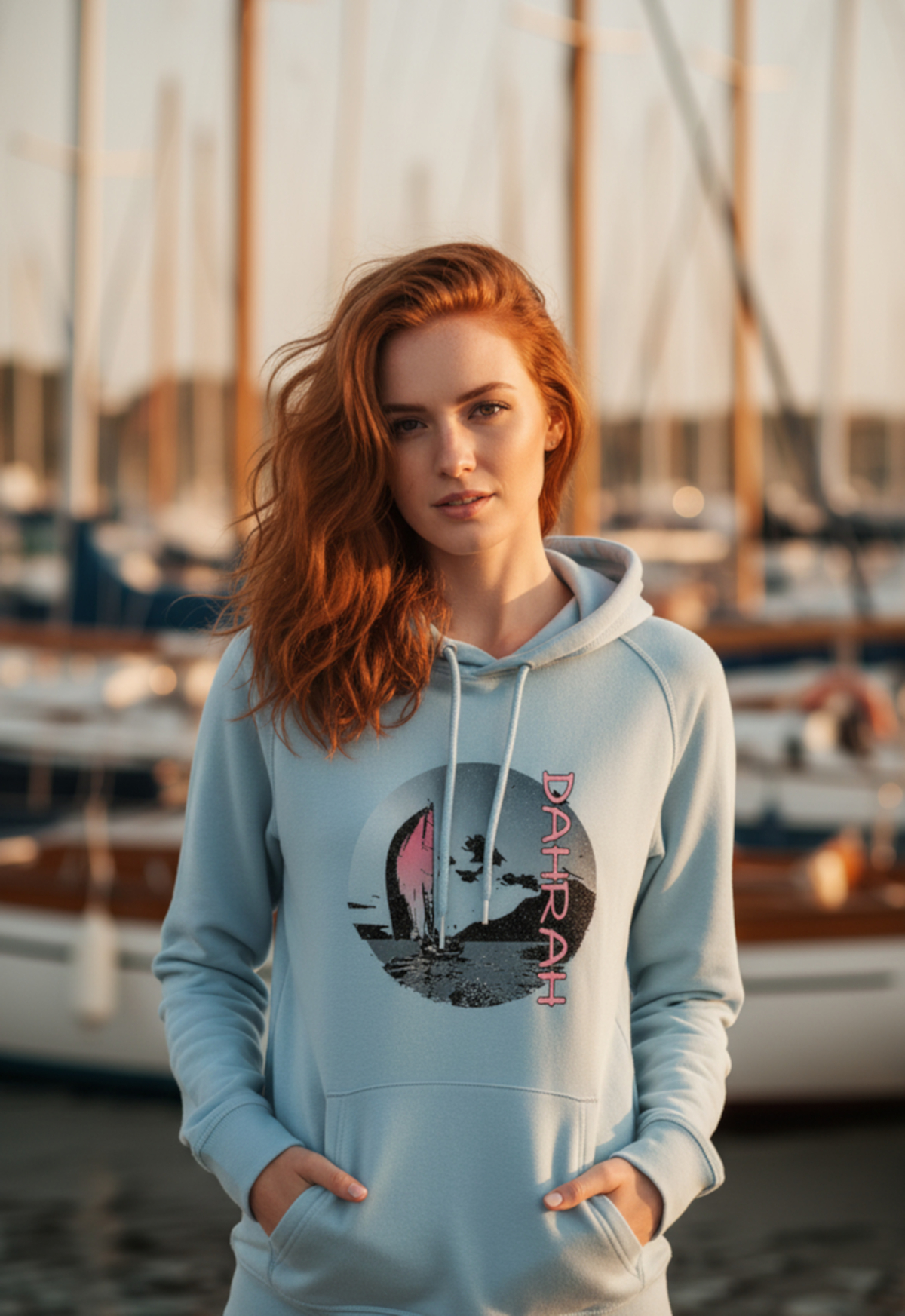 Beautiful organic hoodie with print of a sailing boat by Dahrah Darah Fashion.