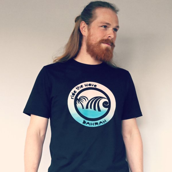 Dahrah Darah unisex organic cotton T-shirt with print of a blue wave and palm.