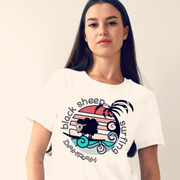 Organic cotton T-shirt with print of a black sheep surfing by Dahrah Darah.