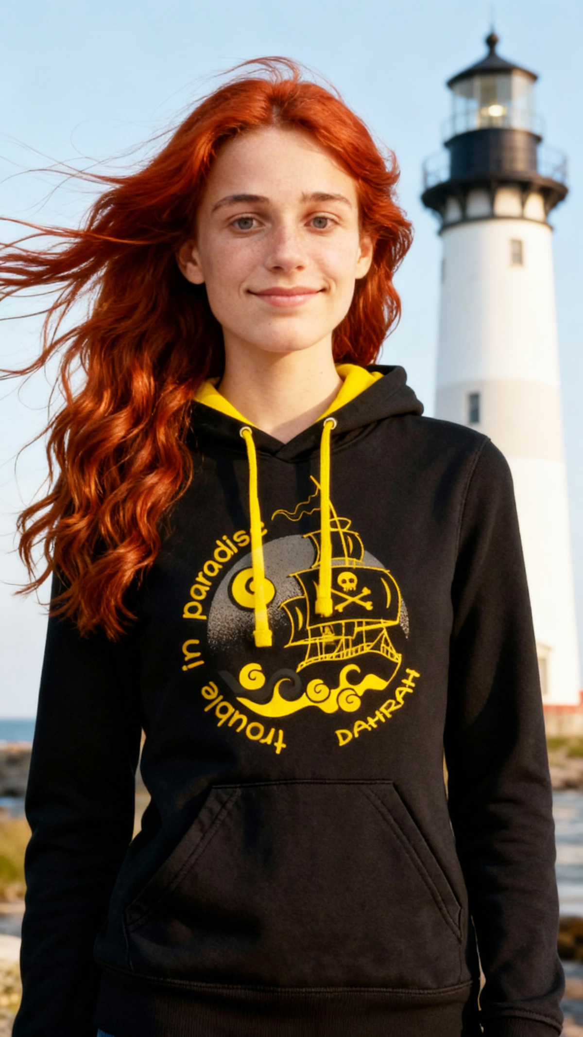 Beautiful sailing and surfing hoodie with print of a pirate ship by Dahrah.