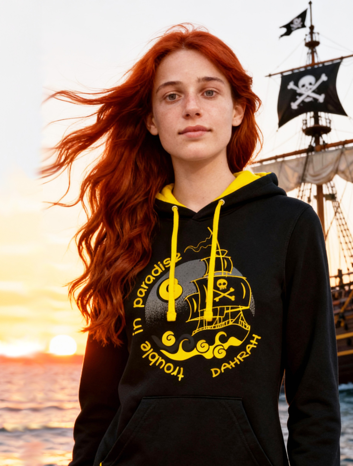 Beautiful sailing and surfing hoodie with print of a pirate ship by Dahrah.