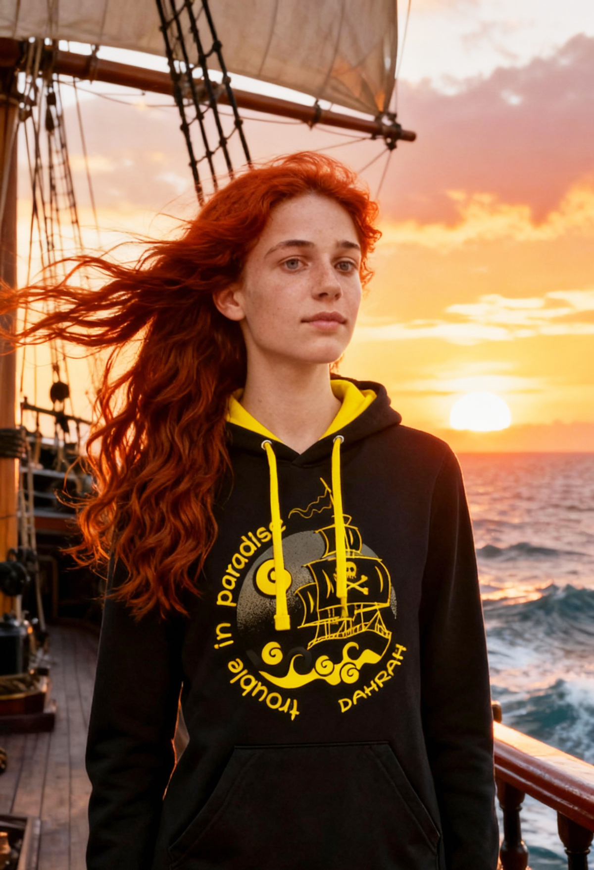 Beautiful sailing and surfing hoodie with print of a pirate ship by Dahrah.