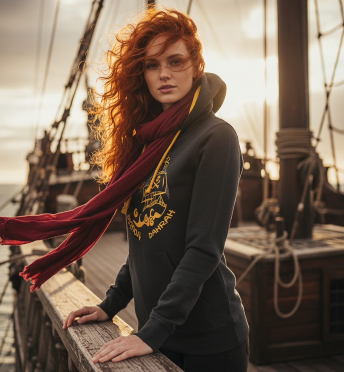 Beautiful surfing hoodie with print of a pirate ship.