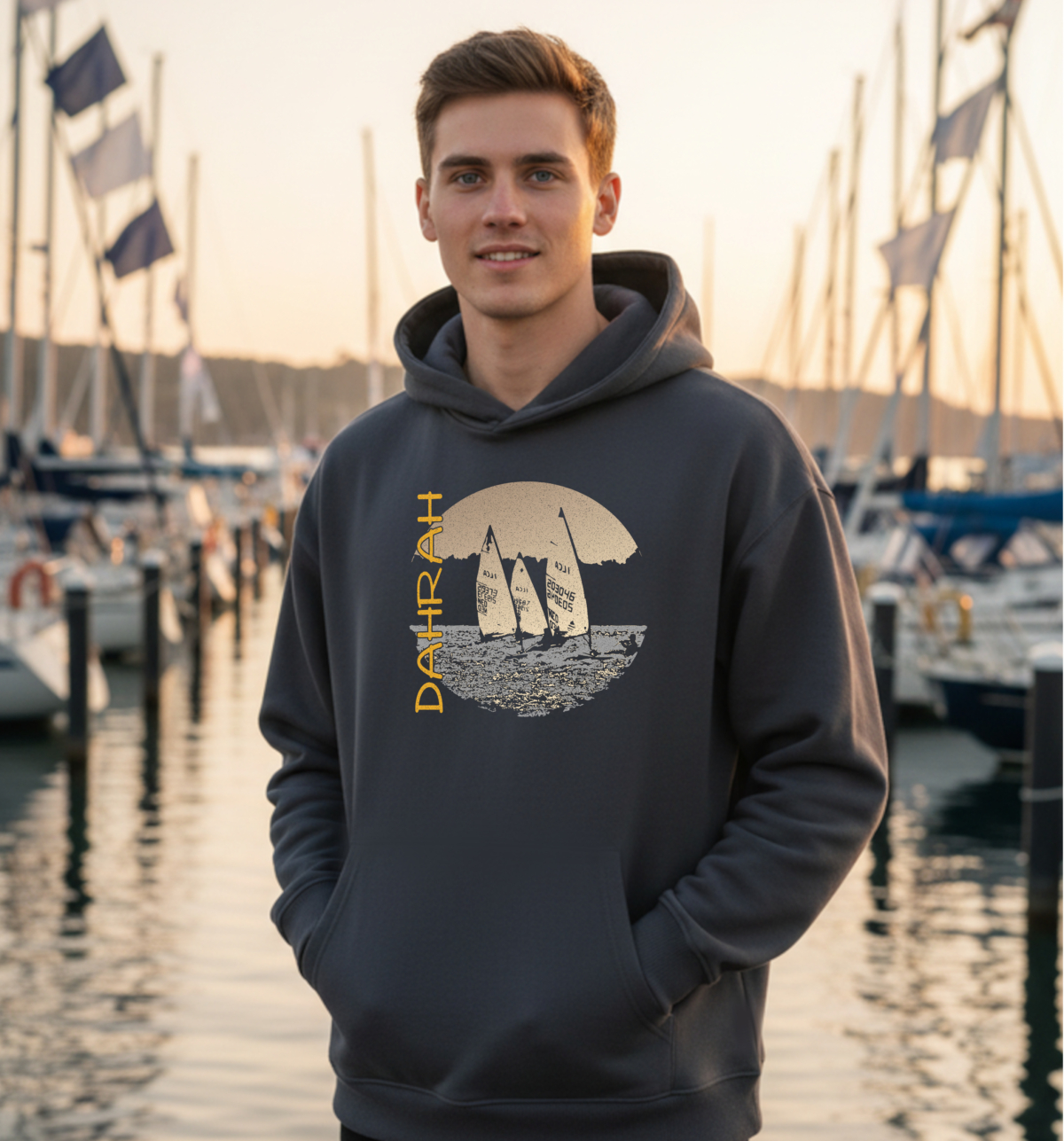 Organic sailing hoodie with print of three Laser sailboats.