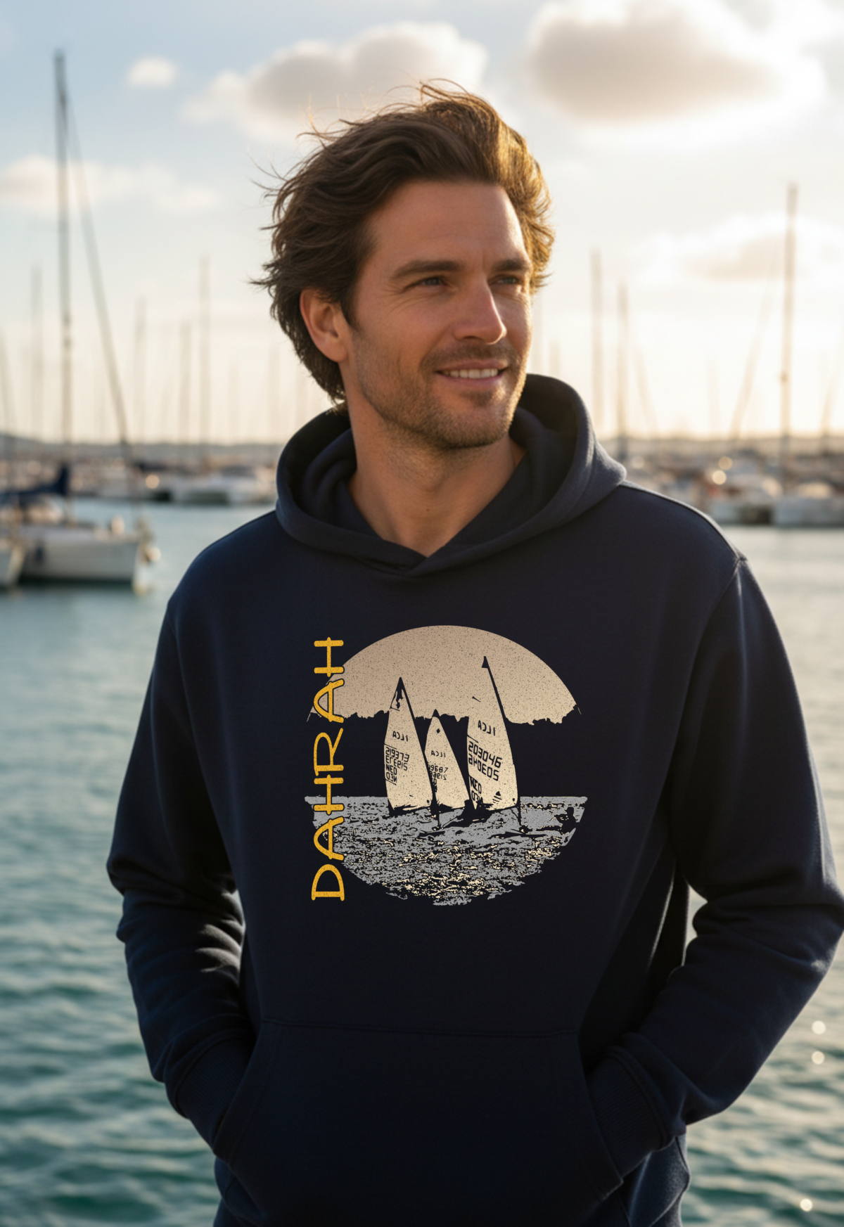 Organic sailing hoodie with print of three Laser sailboats.