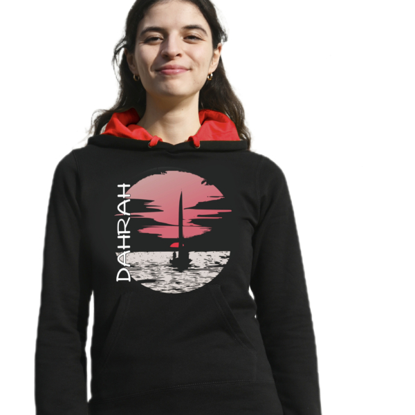 Beautiful high quality organic hoodie with print of a sailboat at sunrise.