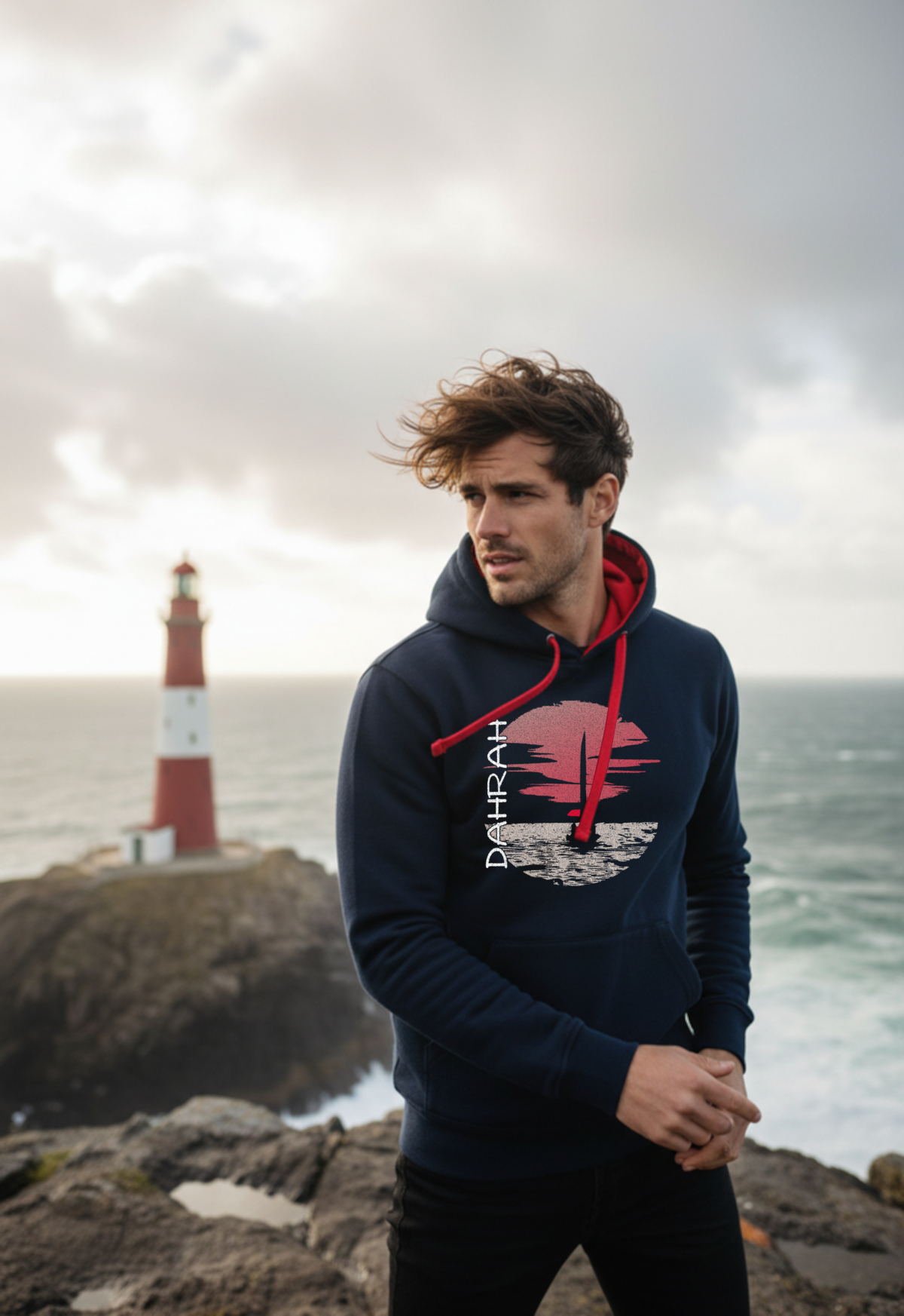 Sailing hoodie with sailing boat at sunset.