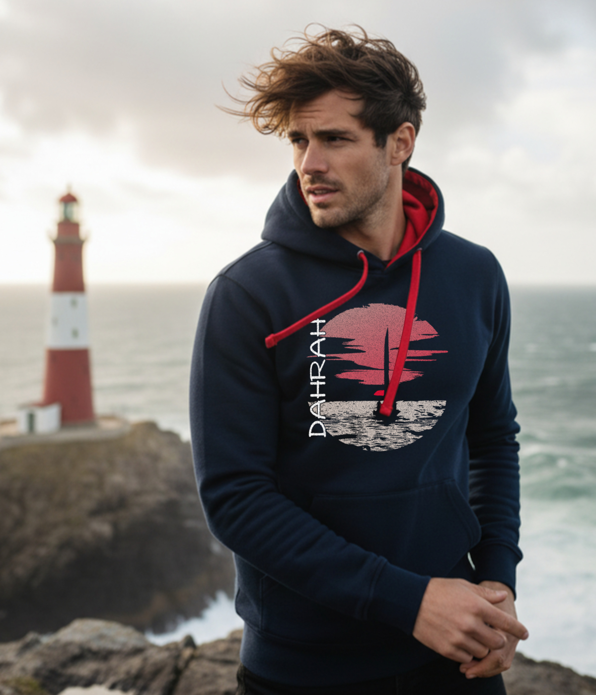 Sailing hoodie with sailing boat at sunset.