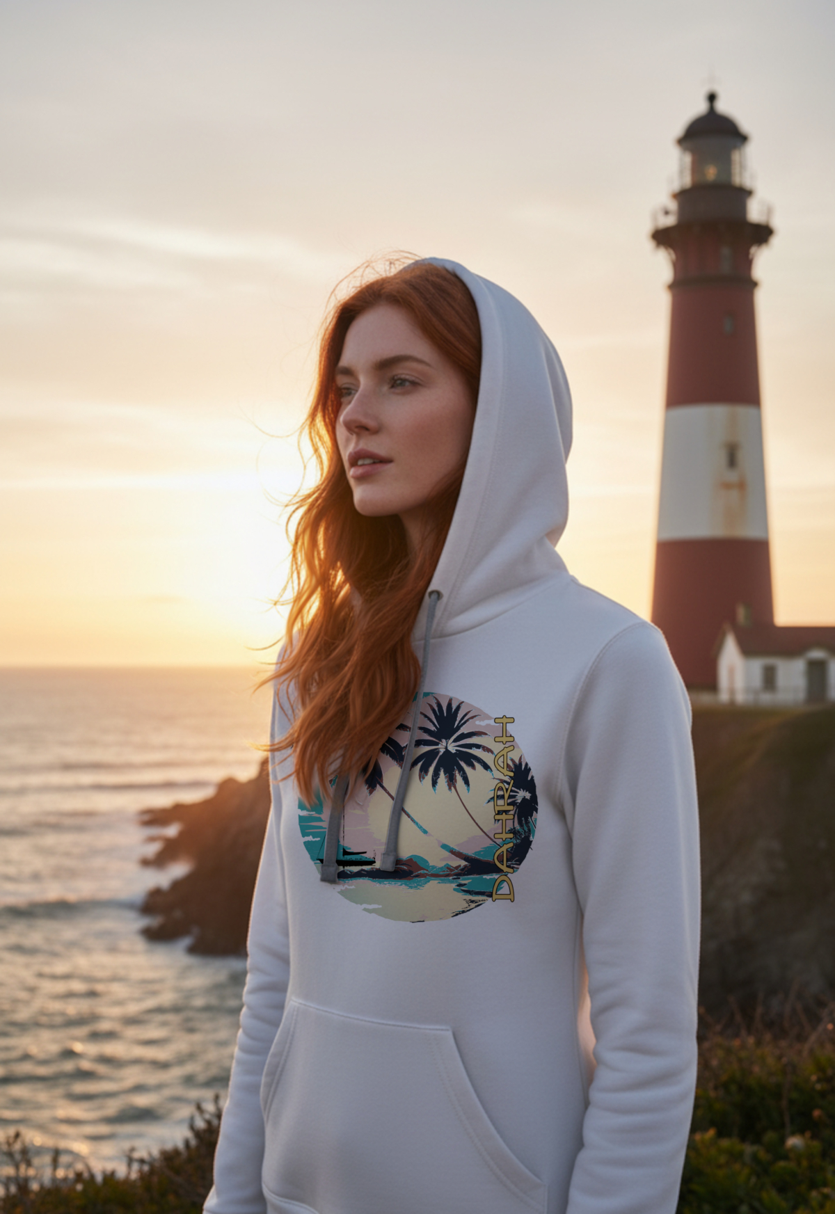 Dahrah Darah sailing hoodie with print of a sailboat and a tropical beach.